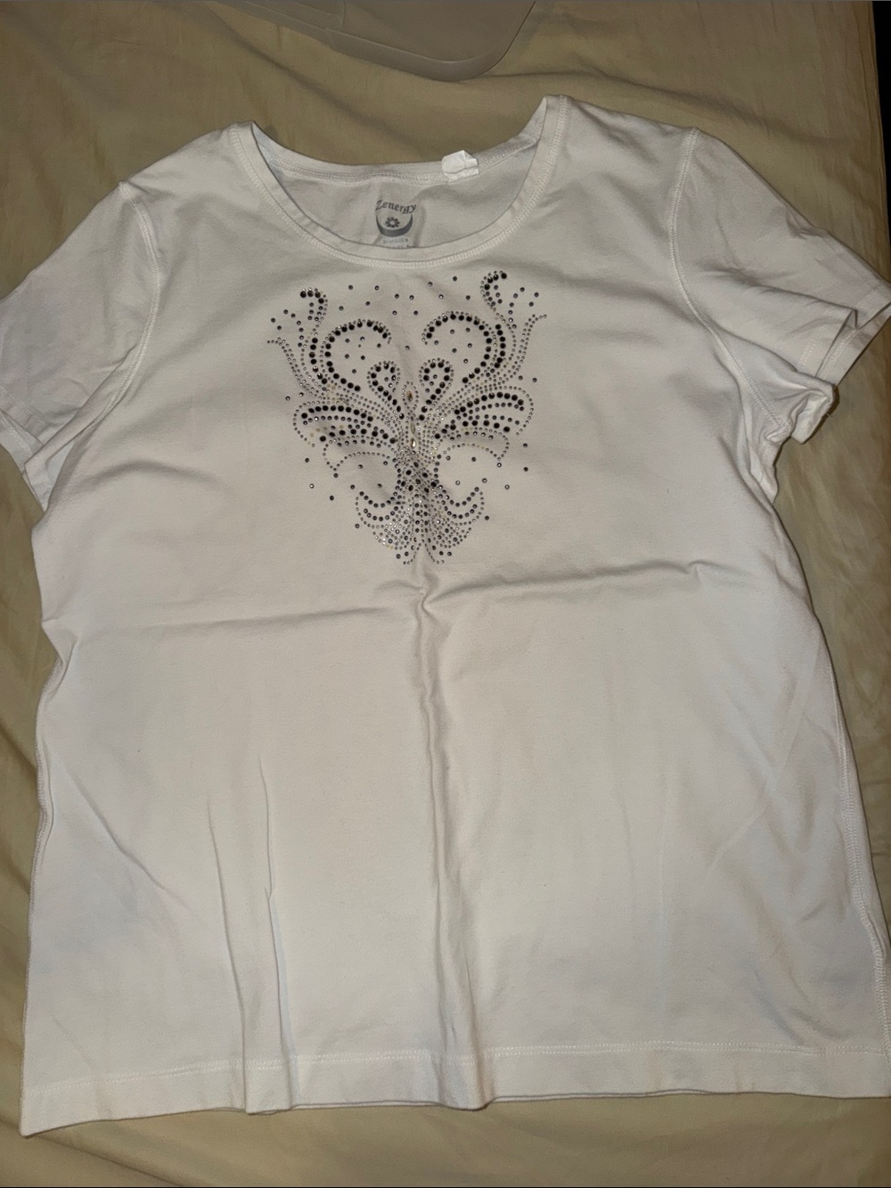 White Short Sleeve Tee with Rhinestone Filigree